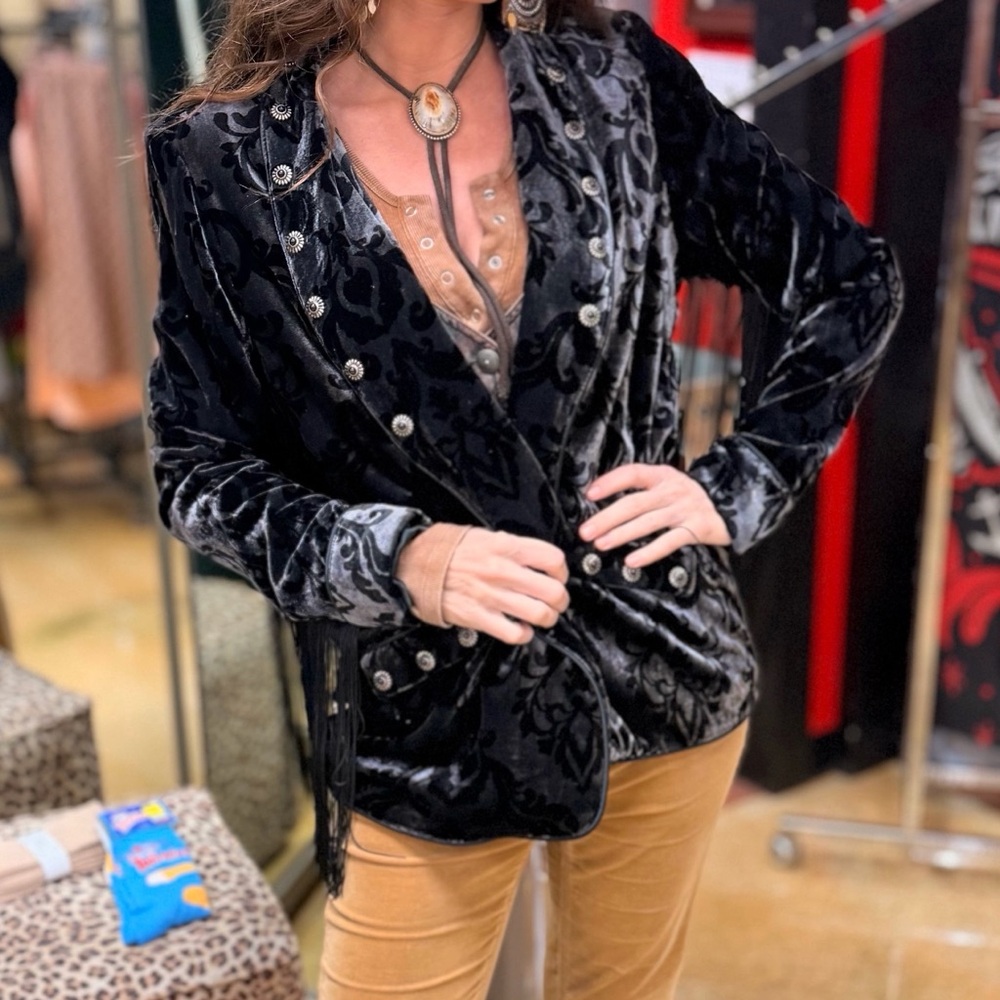 ***SOLD***Black and Silver Velvet Fringe Studded Blazer
